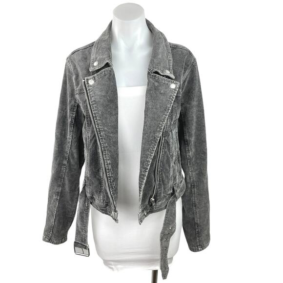 BlankNYC Grey Corduroy Asymmetric Zipper Belted  Long Sleeve Crop Moto Jacket L - Picture 1 of 4